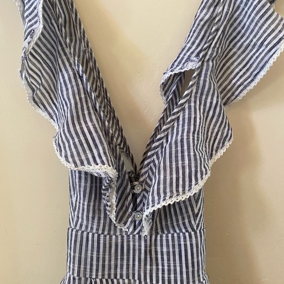 FREE PEOPLE BLUE AND WHITE STRIPE V NECK RUFFLE HEARTLINES MINI DRESS COTTON NWT - Picture 5 of 11